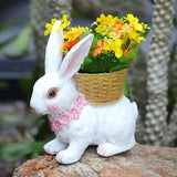 Rabbit Flowerpot Resin Process Rabbit Ornament with Back Basket Outdoor Decoration for Courtyard Garden White