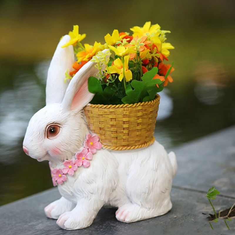 Rabbit Flowerpot Resin Process Rabbit Ornament with Back Basket Outdoor Decoration for Courtyard Garden White