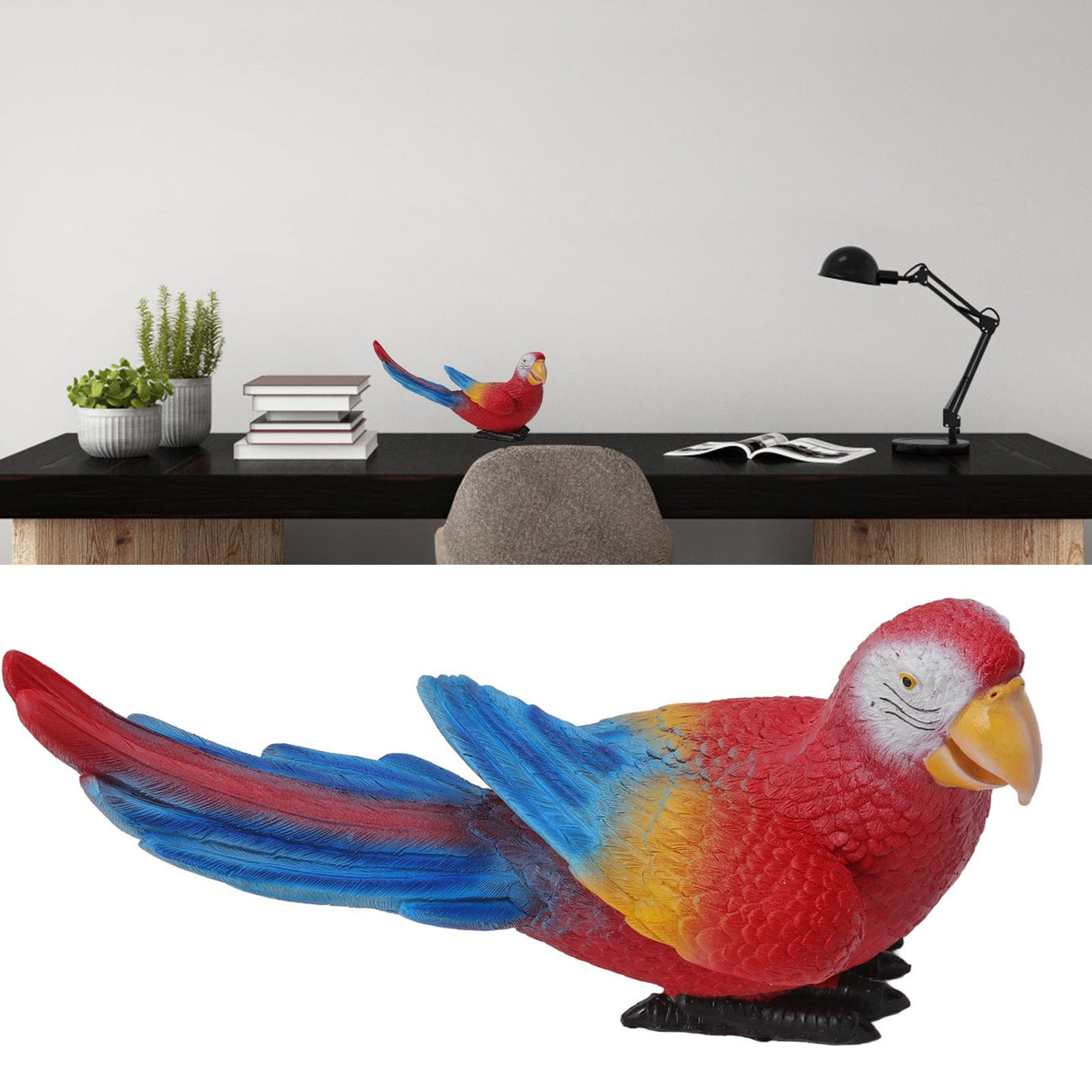 Parrot Sculpture Ornament Waterproof Lifelike Synthetic Resin Decorative Bird Statue for Garden Courtyard Balcony Red Macaw On The Left