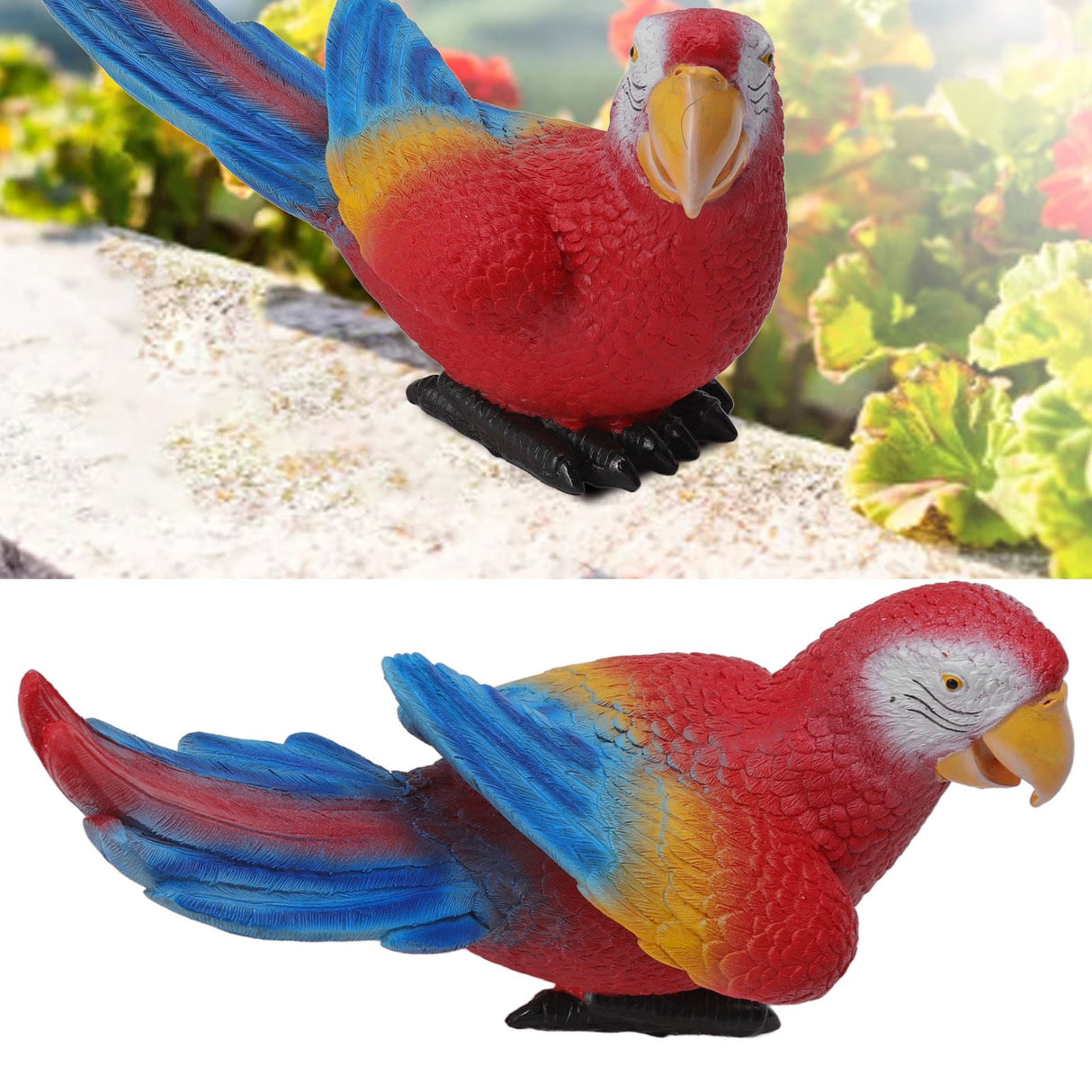 Parrot Sculpture Ornament Waterproof Lifelike Synthetic Resin Decorative Bird Statue for Garden Courtyard Balcony Red Macaw On The Left