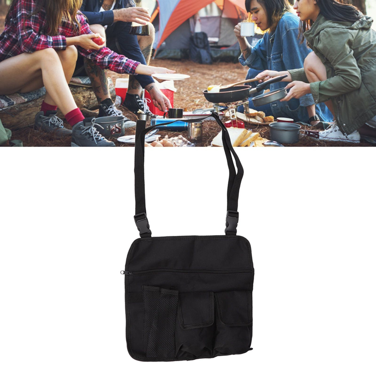 Camping Chair Hanging Bag Waterproof Oxford Cloth Adjustable Portable Beach Chairs Side Storage Bags for Outdoor Black