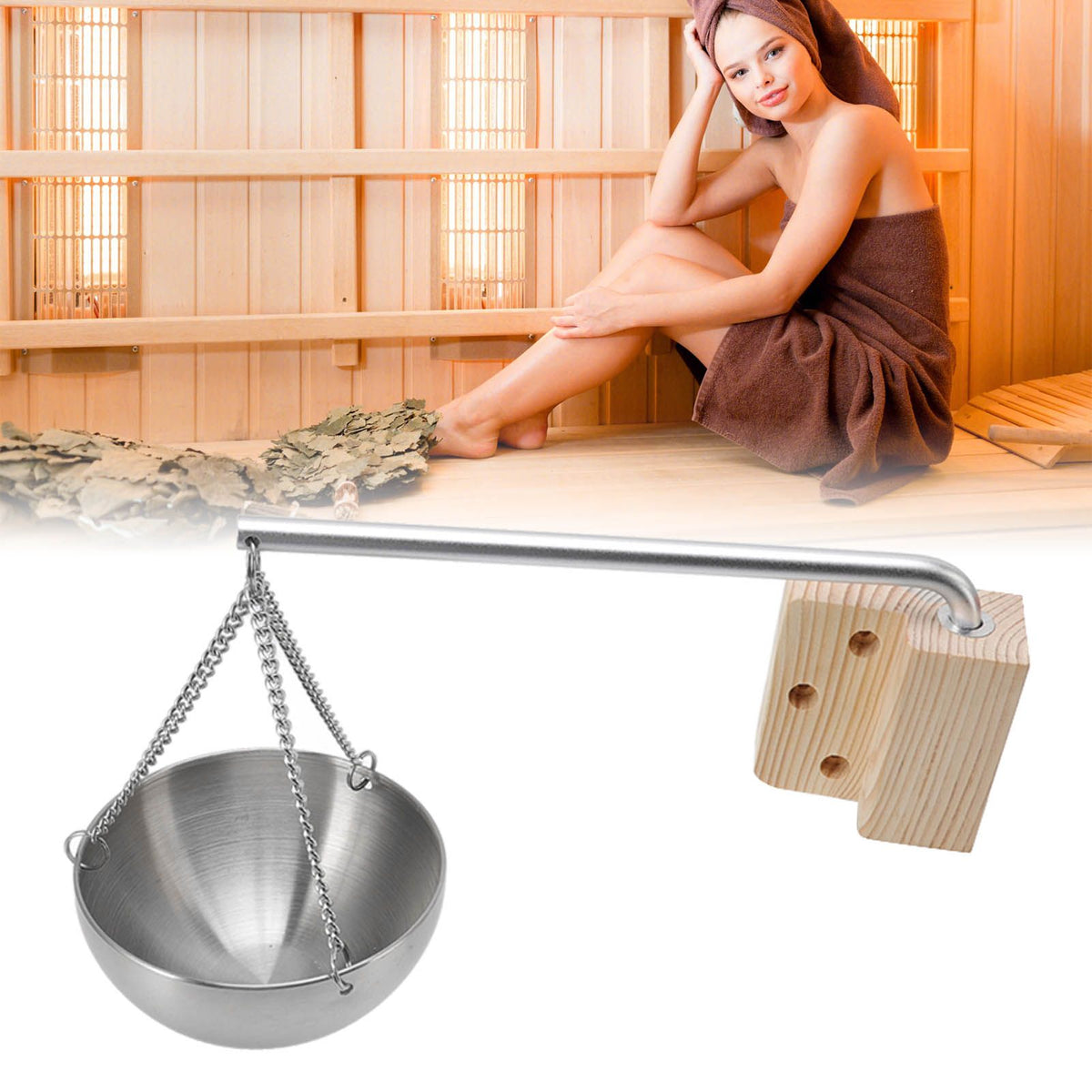 Sauna Bowl Stainless Steel Hanging Aromatherapy Oil Cup with Wooden Block for Sauna Room S 12cm