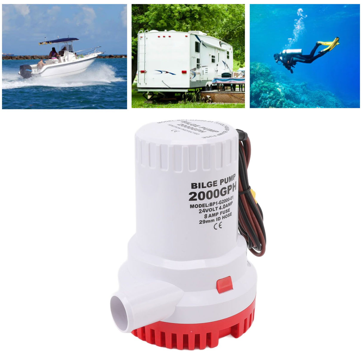 Bilge Pump Silent Boat Submersible DC Micro Drain Marine Sewage for Pond Pool 2000 GPH 24V
