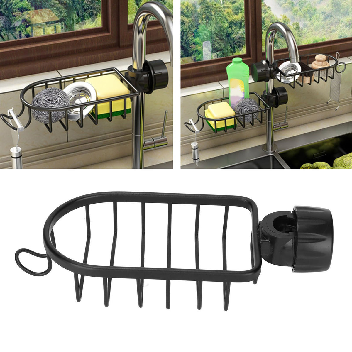 Hanging Faucet Storage Rack Adjustable Sink Dishcloth Sponge Drainer Rack for Kitchen Bathroom Black