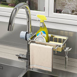 Kitchen Faucet Storage Rack Faucet Sponge Holder Hanging Drain Rack with Towel Shelf for Kitchen Sink Silver