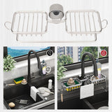 Faucet Storage Shelf Aluminum Plastic Two Containers with Towel Rod for Sponge Rag Kitchen Bathroom Silver - Extra Image