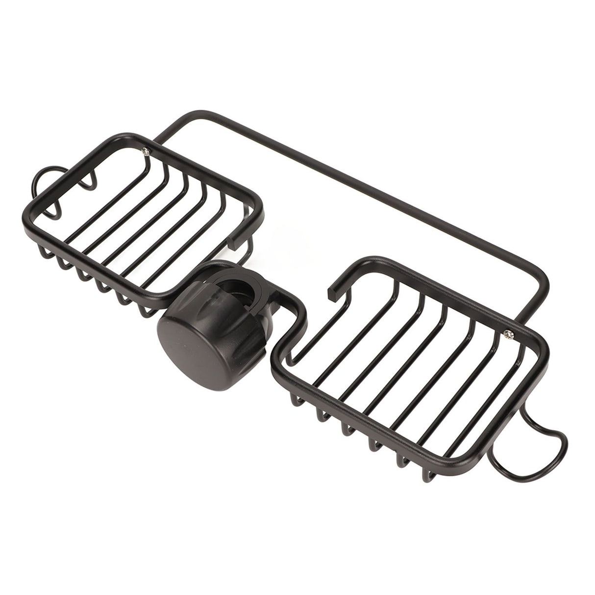Faucet Storage Shelf Aluminum Plastic Two Containers with Towel Rod for Sponge Rag Kitchen Bathroom Black