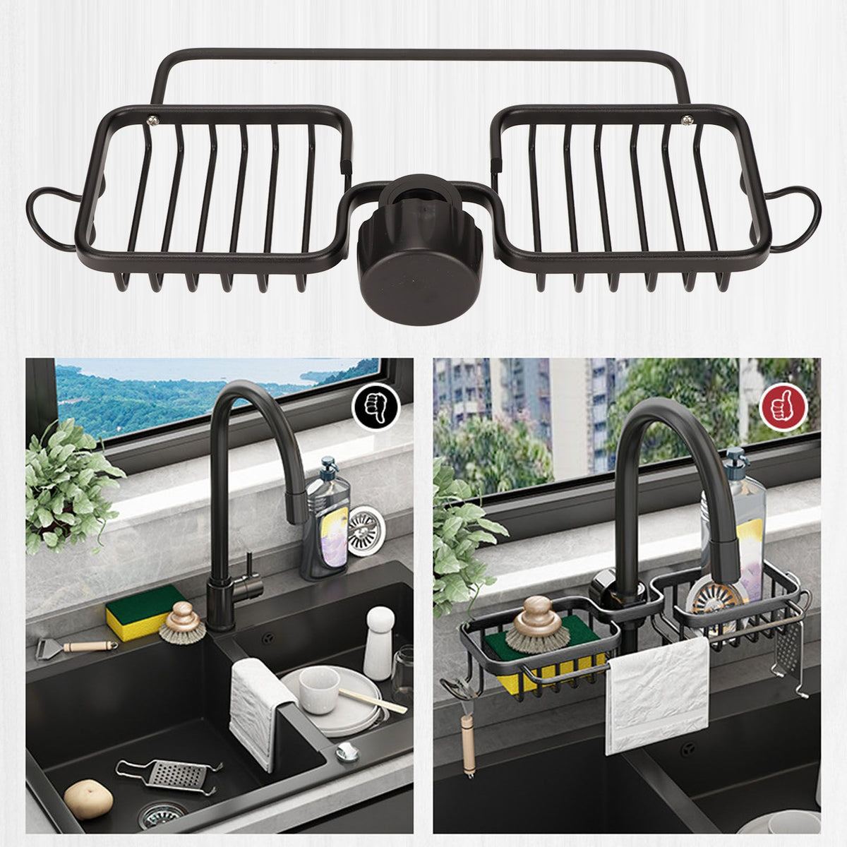 Faucet Storage Shelf Aluminum Plastic Two Containers with Towel Rod for Sponge Rag Kitchen Bathroom Black