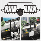 Faucet Storage Shelf Aluminum Plastic Two Containers with Towel Rod for Sponge Rag Kitchen Bathroom Black - Extra Image