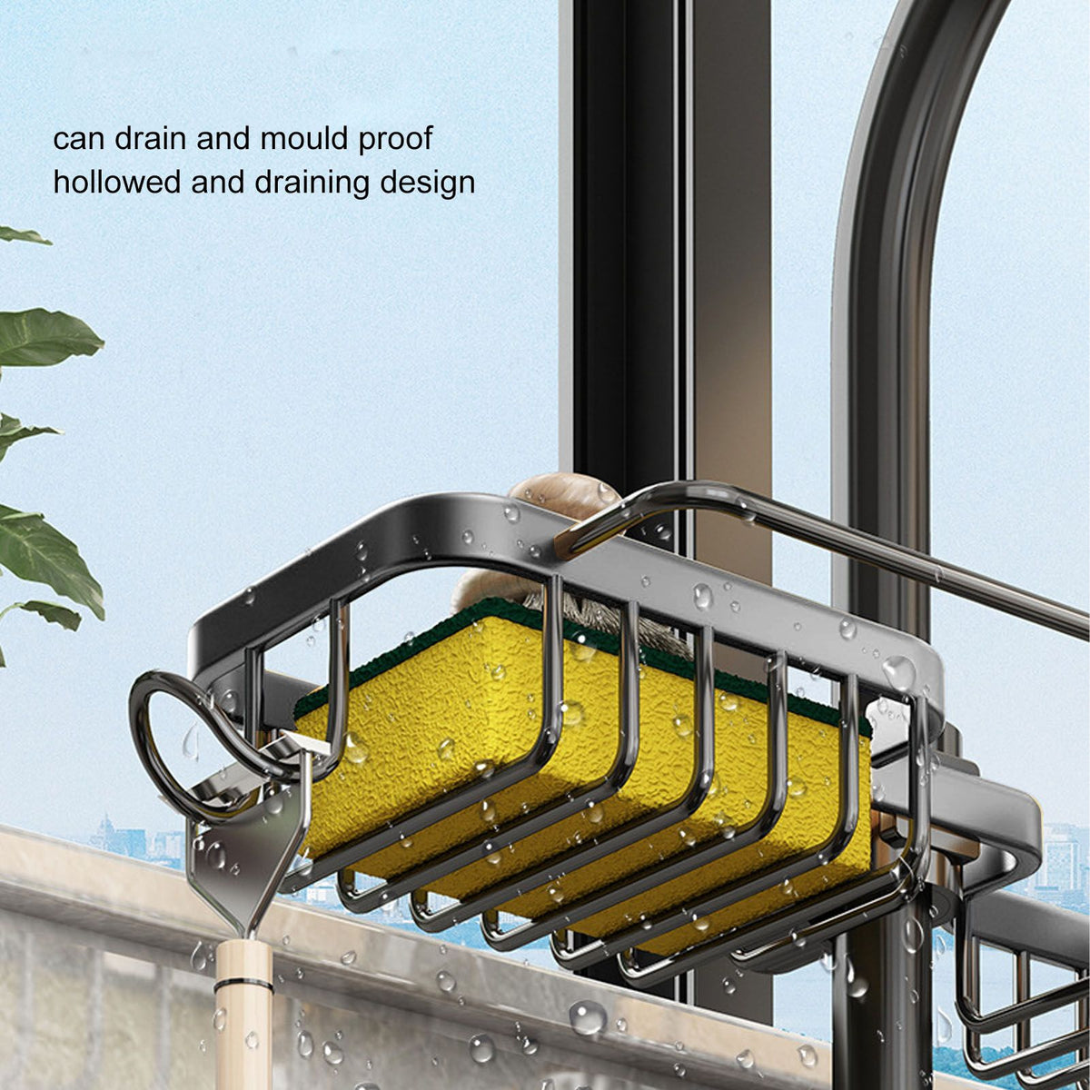 Faucet Storage Shelf Aluminum Plastic Two Containers with Towel Rod for Sponge Rag Kitchen Bathroom Black