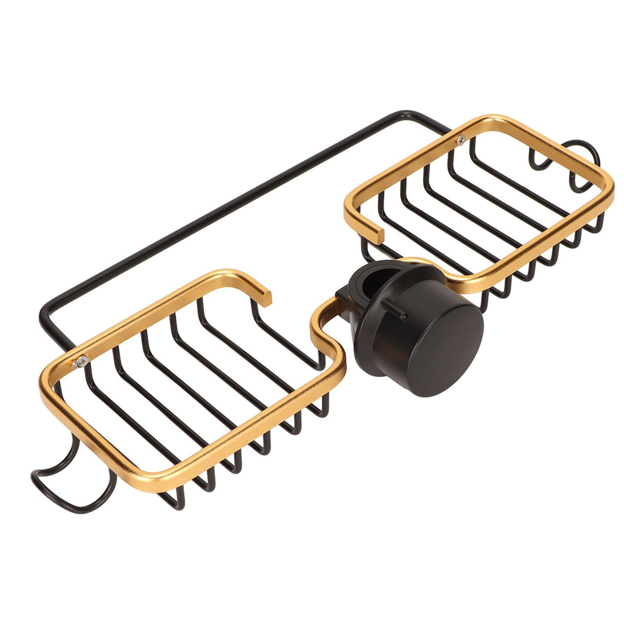 Faucet Storage Shelf Aluminum Plastic Two Containers with Towel Rod for Sponge Rag Kitchen Bathroom Black Gold