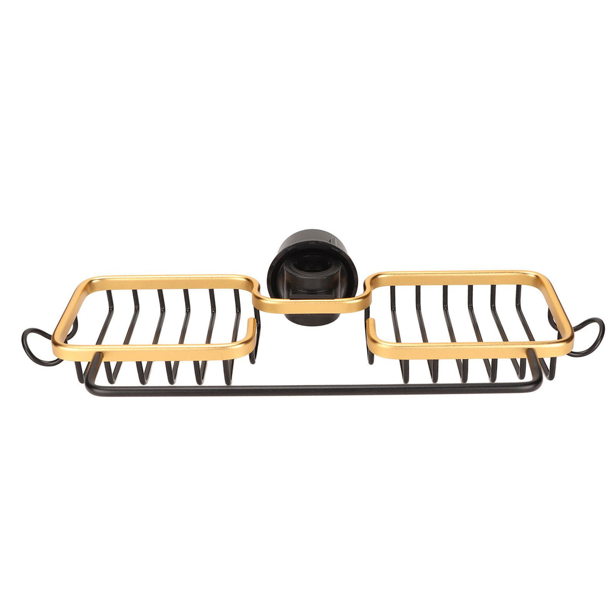 Faucet Storage Shelf Aluminum Plastic Two Containers with Towel Rod for Sponge Rag Kitchen Bathroom Black Gold