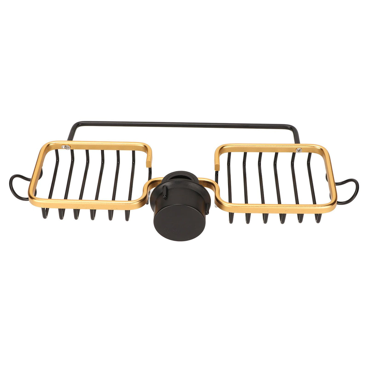 Faucet Storage Shelf Aluminum Plastic Two Containers with Towel Rod for Sponge Rag Kitchen Bathroom Black Gold