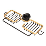 Faucet Storage Shelf Aluminum Plastic Two Containers with Towel Rod for Sponge Rag Kitchen Bathroom Black Gold - Low Angle