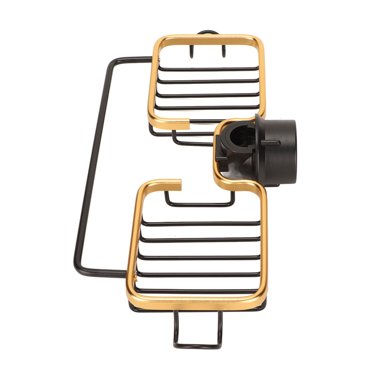 Faucet Storage Shelf Aluminum Plastic Two Containers with Towel Rod for Sponge Rag Kitchen Bathroom Black Gold