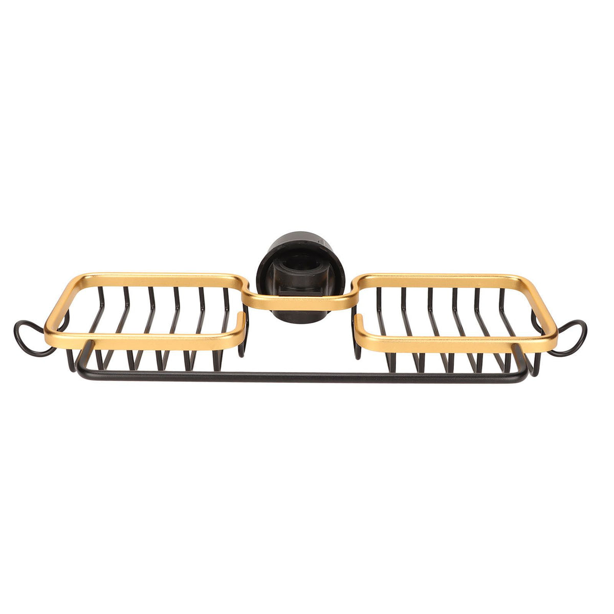 Faucet Storage Shelf Aluminum Plastic Two Containers with Towel Rod for Sponge Rag Kitchen Bathroom Black Gold