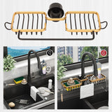 Faucet Storage Shelf Aluminum Plastic Two Containers with Towel Rod for Sponge Rag Kitchen Bathroom Black Gold - Extra Image