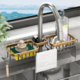 Faucet Storage Shelf Aluminum Plastic Two Containers with Towel Rod for Sponge Rag Kitchen Bathroom Black Gold - Extra Image