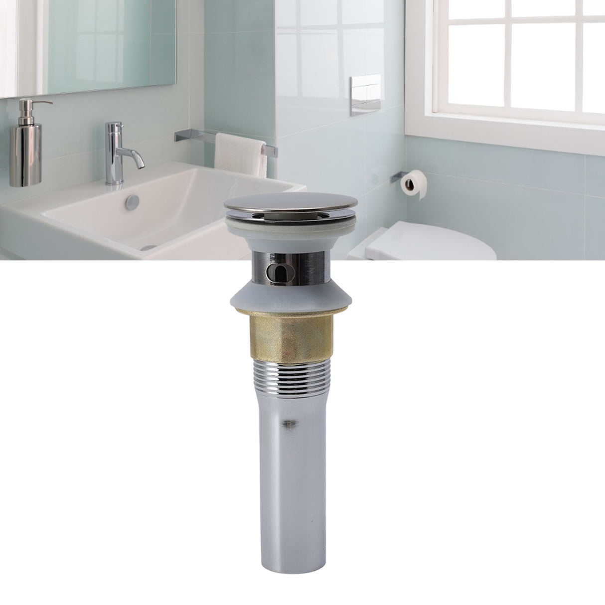 Faucet Sink Pop Up Drain Stopper Press Bounce Drain Electroplating Stainless Steel Wash Basin Drain with Strainer Basket for Home With Hole