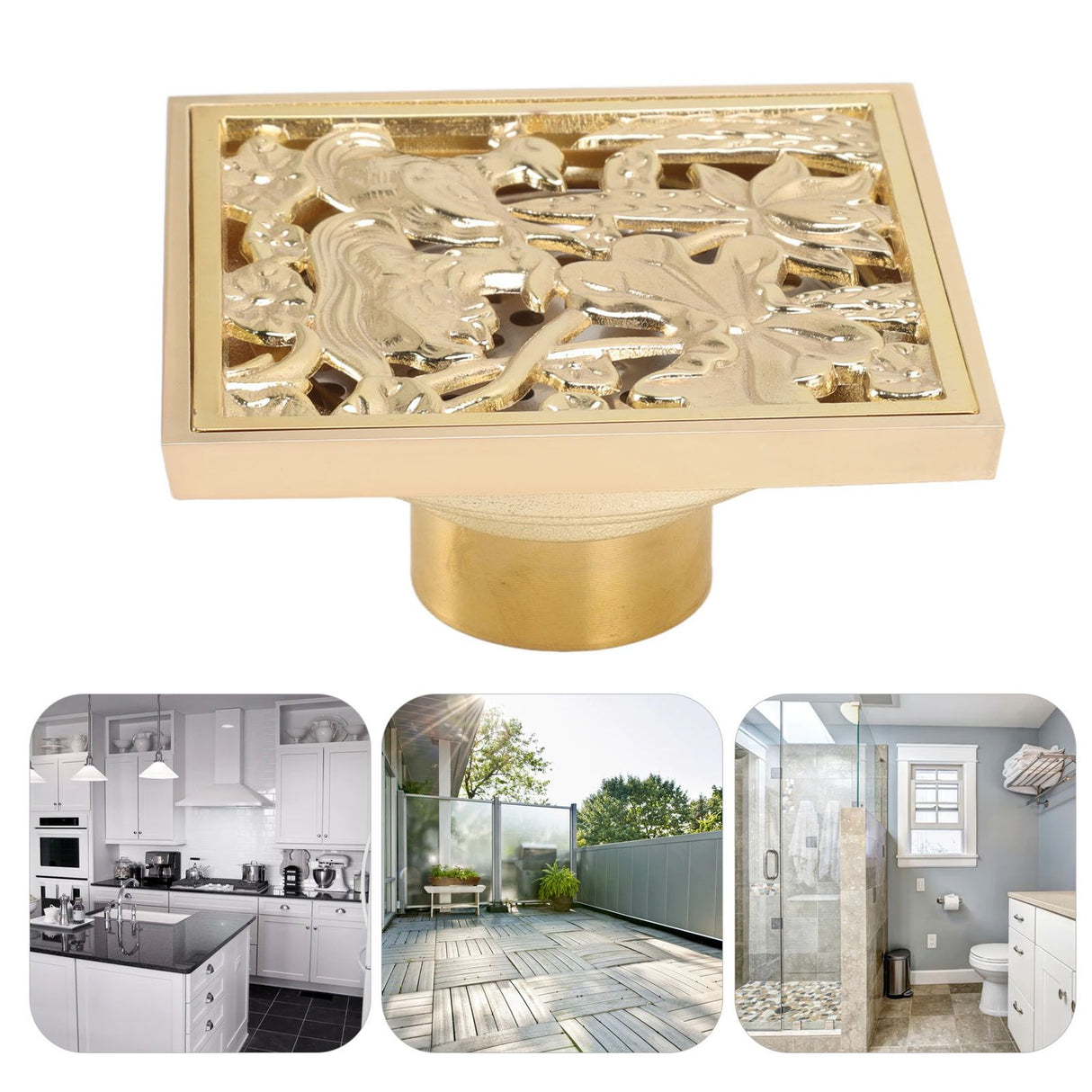 Floor Drain Shallow Water Quadrate Copper Stainless Steel Odor Proof Insect Proof for Bathroom Kitcheng Golden Color