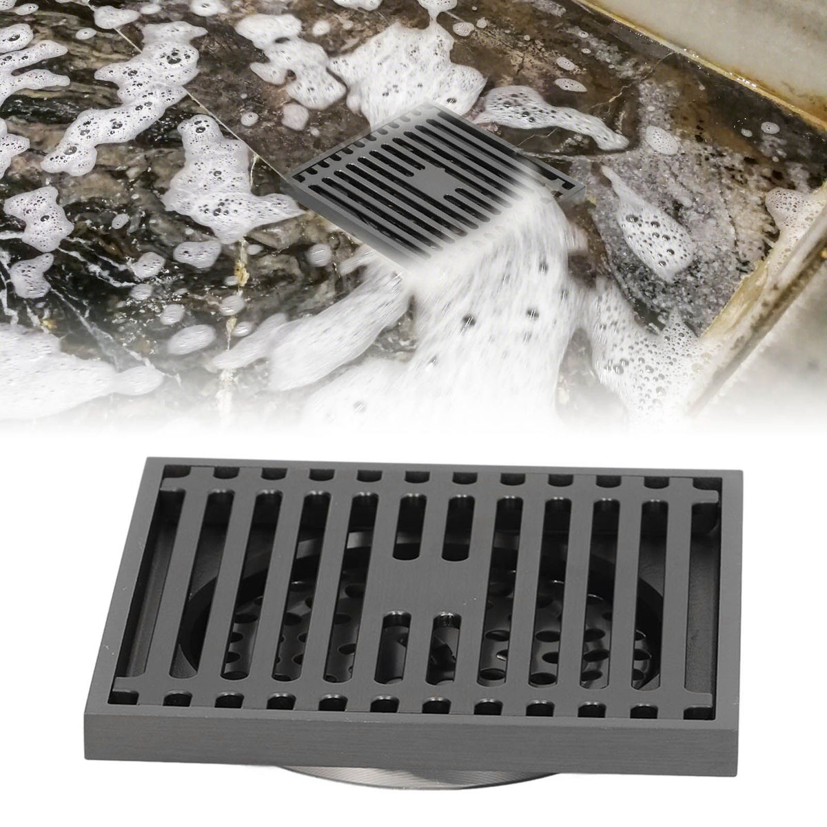 Floor Drain Stainless Steel Square Anti Odor Large Displacement Bathroom Grate for Home Balcony Grey