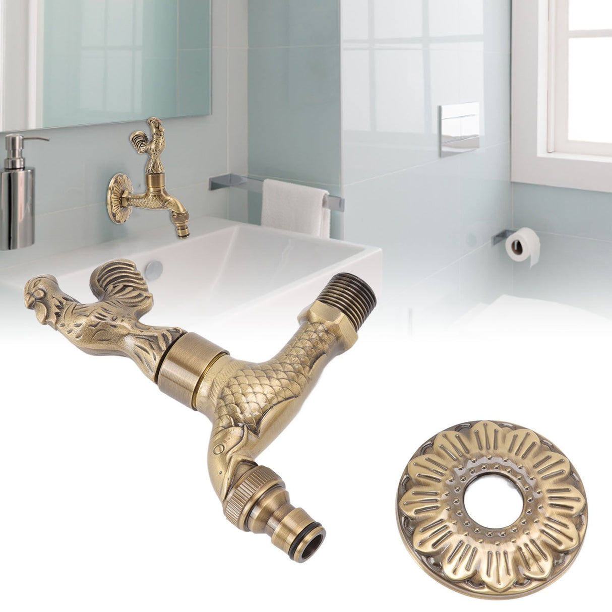 Antique Carved Faucet Bronze Copper Carp Retro Anti Rust Outdoor Garden Tap for Toilet G1/2in Rooster