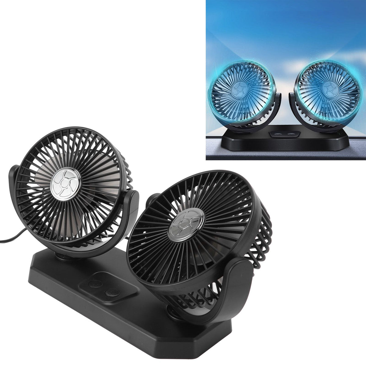 12V Double Head Electric Fan Double Control 3 Gears Strong Wind USB Charging Car Cooling Fan for Minivan Trucks