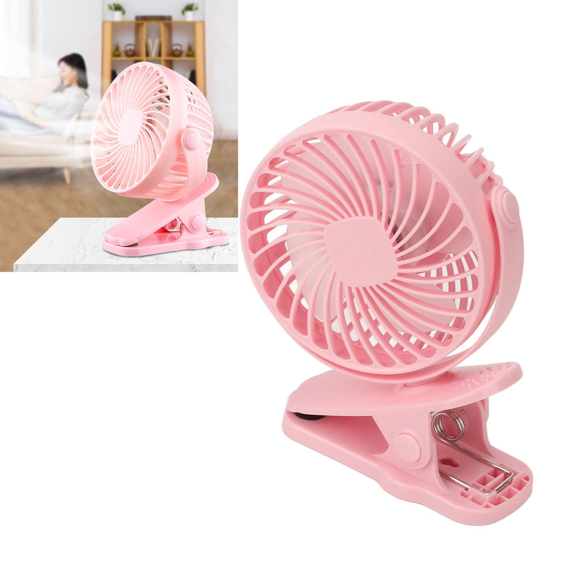 Clip On Fan ABS 720 Degree 3 Gears Noiseless USB Battery Powered Mini Fan for Desktop Office Dormitory Pink