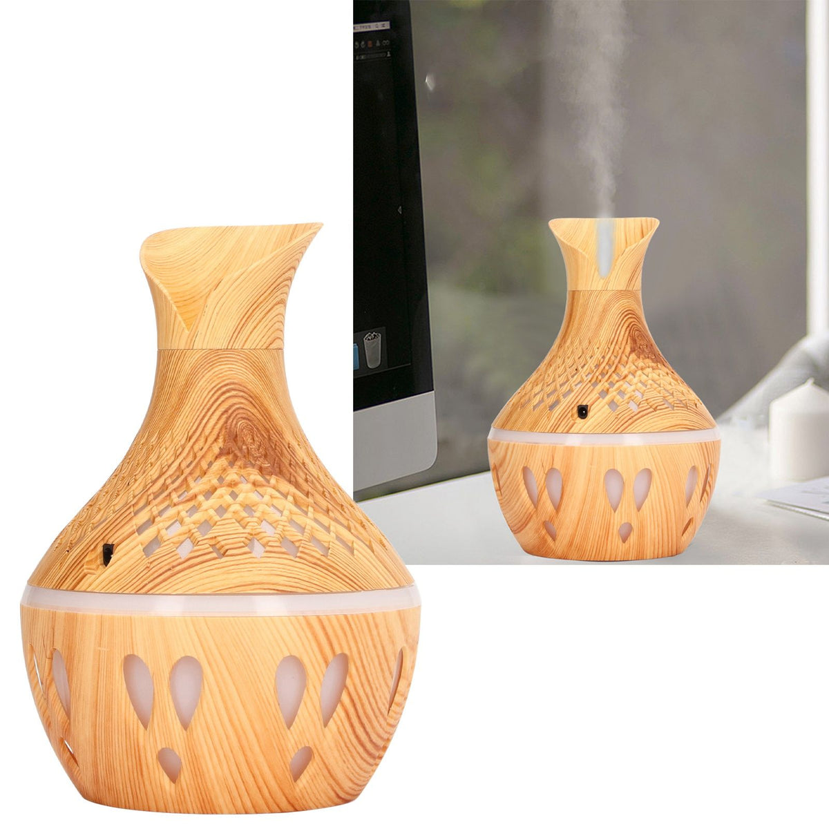 Aromatherapy Humidifier 300ml Wood Grain Design USB Powered Desktop Humidifier with LED Color Light for Home