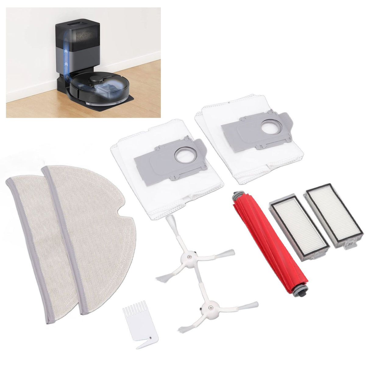 Vacuum Cleaner Main and Side Brush Replacement Set with Filter Cleaning Mop and Dust Bag for Roborock T8