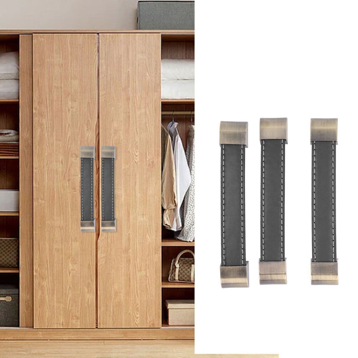 3Pcs Wardrobe Door Leather Handle Antique Drawer Pull Handle Luggage Wine Box Handle Black