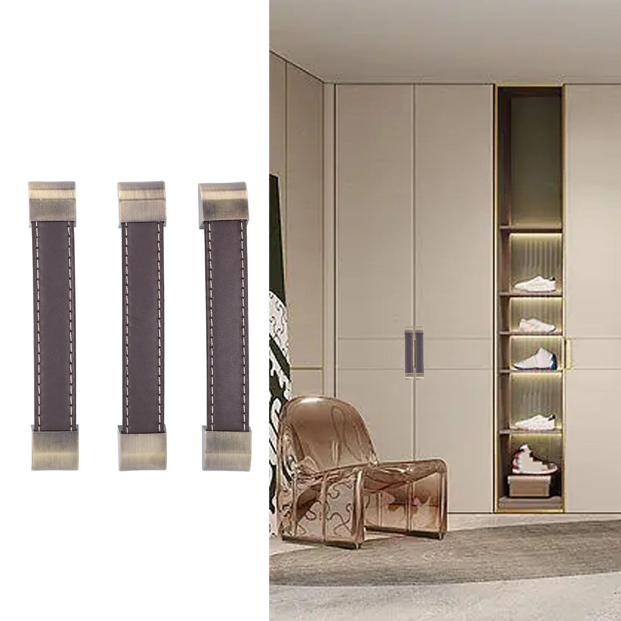 3Pcs Wardrobe Door Leather Handle Antique Drawer Pull Handle Luggage Wine Box Handle Brown