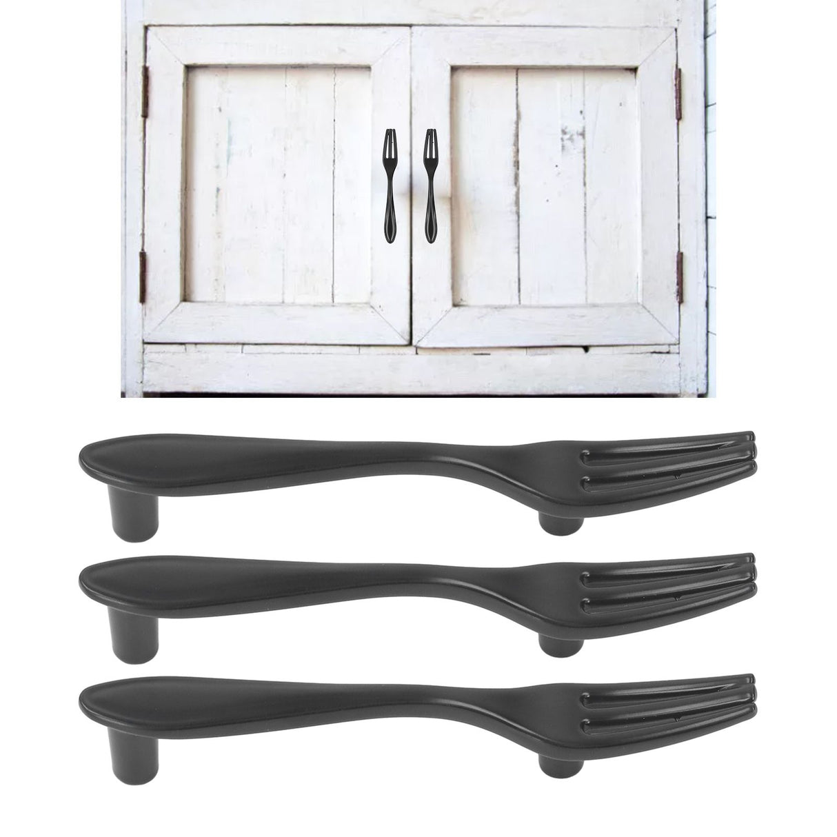 3Set Door Handles Thickened Cutlery Tableware Shaped Cabinet Pulls for Drawer Wardrobe Bookshelves Black Fork