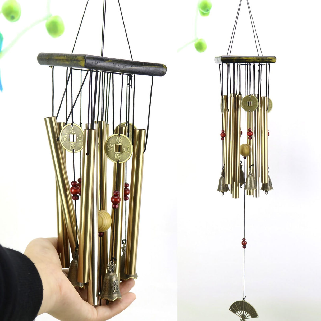 Wind Chime Multi Aluminum Pipe Wooden Decorative Wind Chime Gift for Cabin Home Door Window Platform Golden Tube Fan Shape