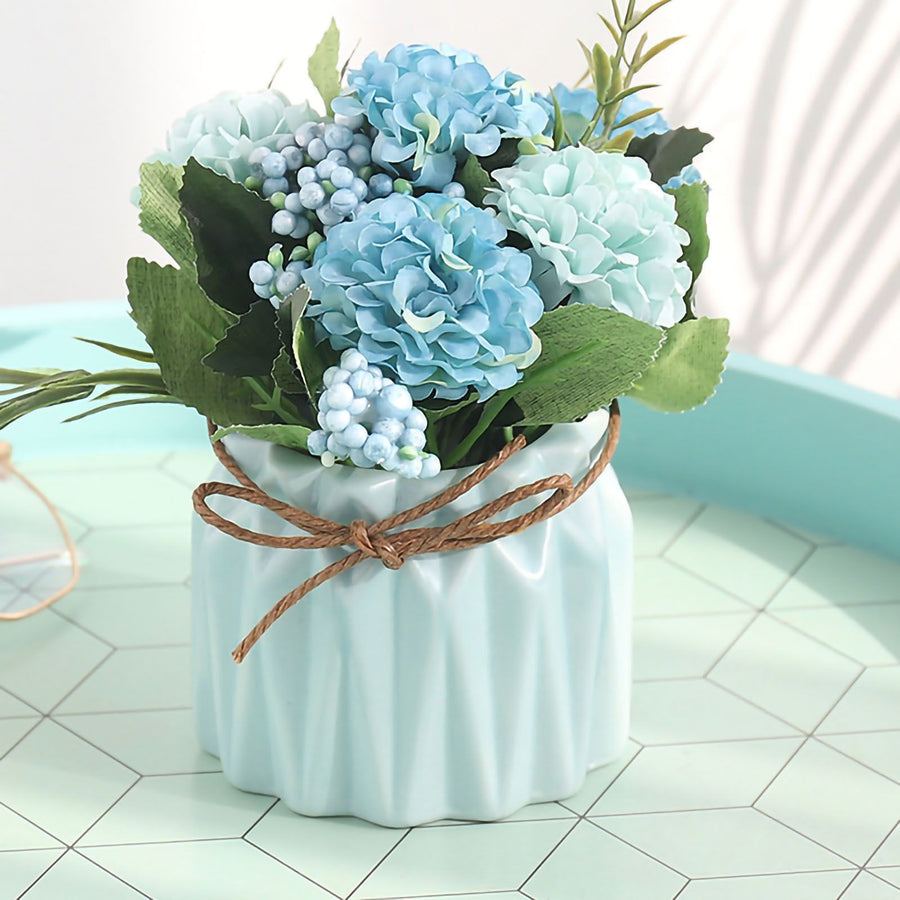 Artificial Fake Potted Flowers Bouquet Hydrangea with Vase for Dining Table Decoration Blue
