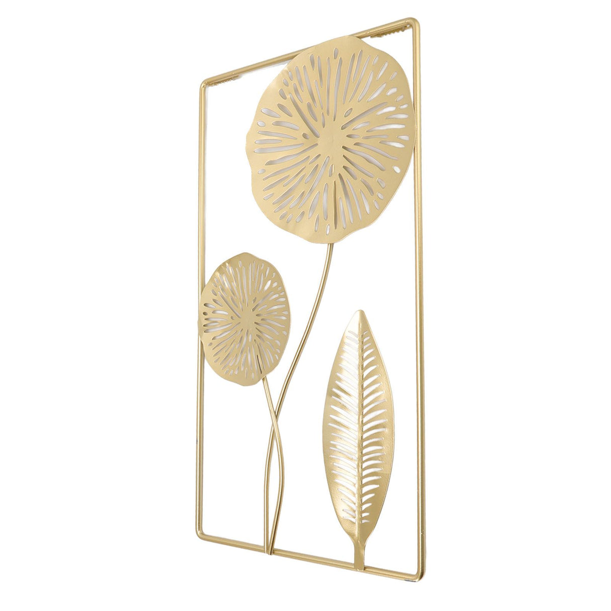Iron Hanging Wall Decor Hollowed Rectangular Golden Flower Home Ornament for Living Room Coffee Bar