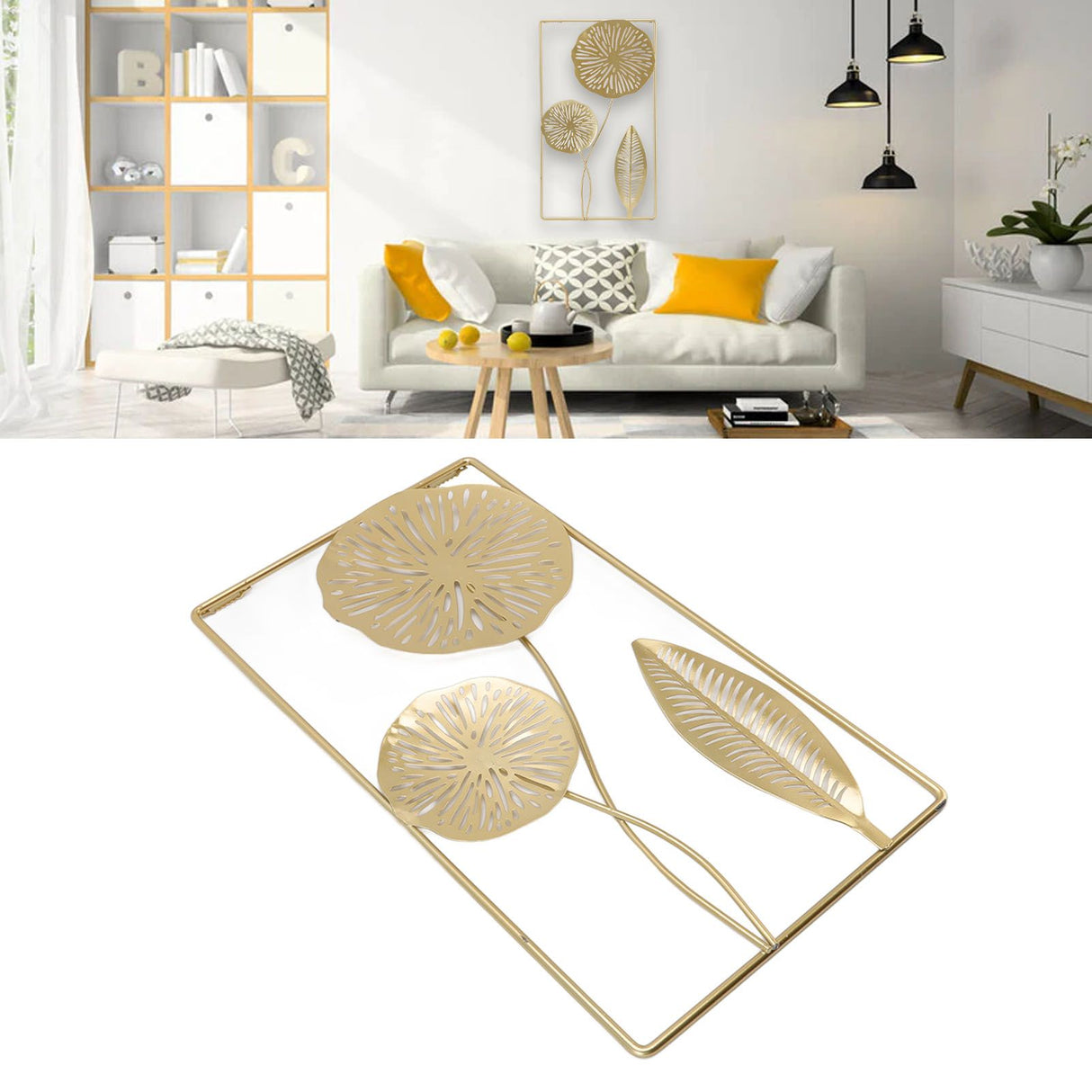 Iron Hanging Wall Decor Hollowed Rectangular Golden Flower Home Ornament for Living Room Coffee Bar