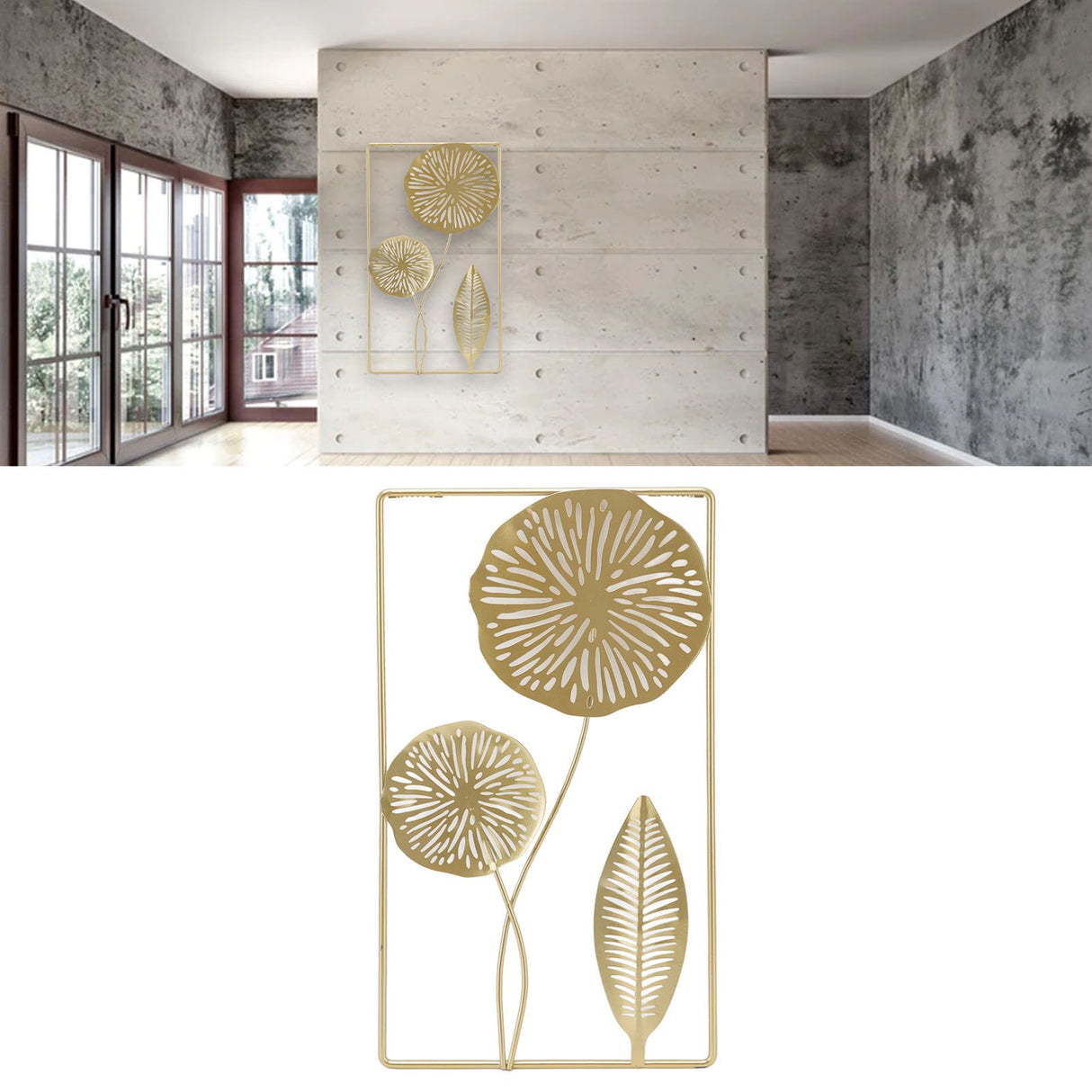 Iron Hanging Wall Decor Hollowed Rectangular Golden Flower Home Ornament for Living Room Coffee Bar