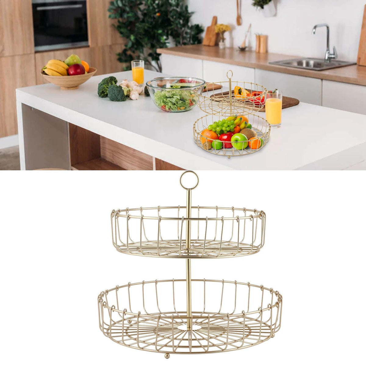 2 Tier Fruit Basket Iron Round Golden Nordic Household Snack Storage Tray for Party Desktop Kitchen