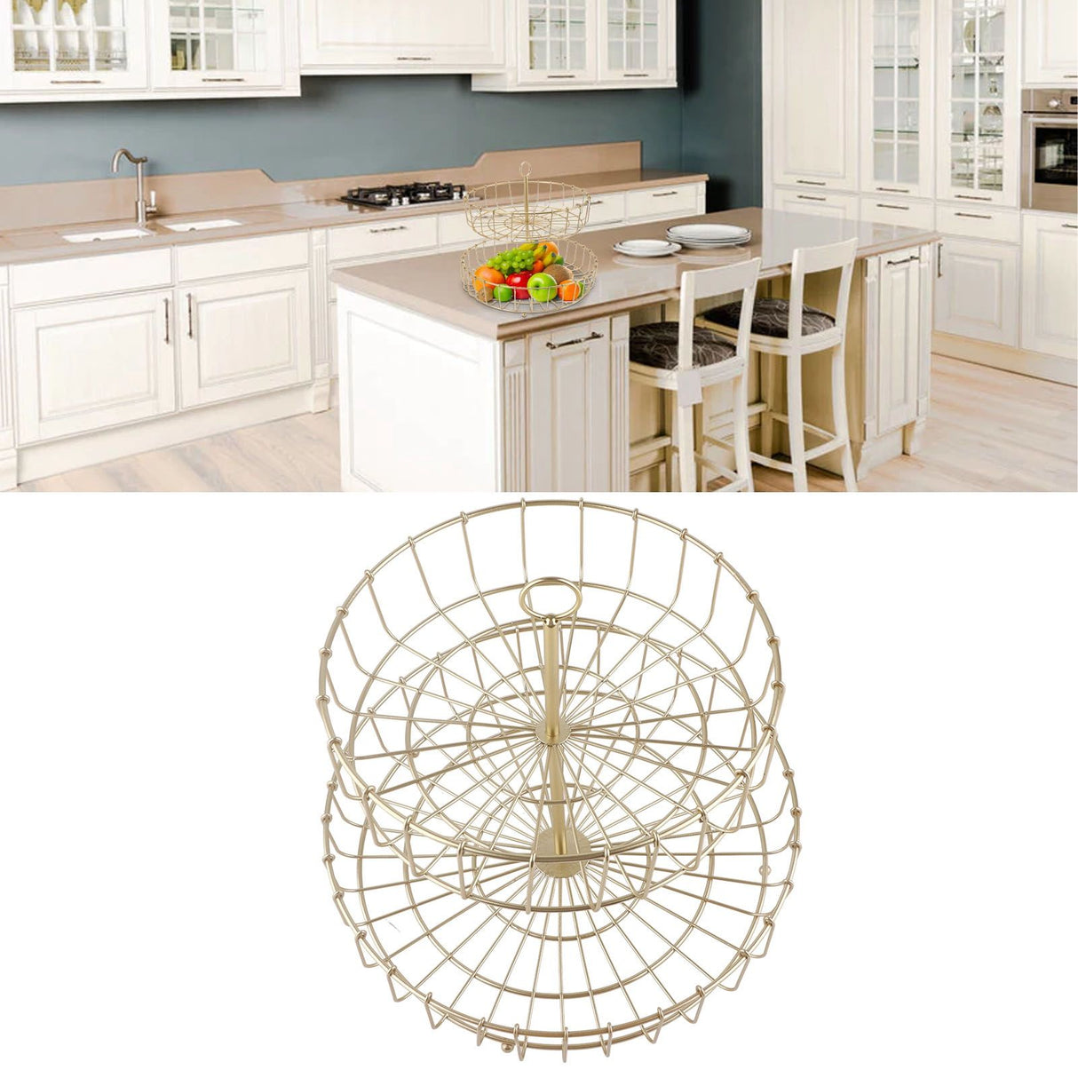 2 Tier Fruit Basket Iron Round Golden Nordic Household Snack Storage Tray for Party Desktop Kitchen