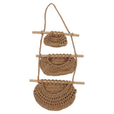 Hanging Fruit Basket 3 Tier Wall Mounted Handcraft Hemp Rope Wood 3 Tier Hanging Wall Basket for Toys Pet Plush Toys Dolls - Front View