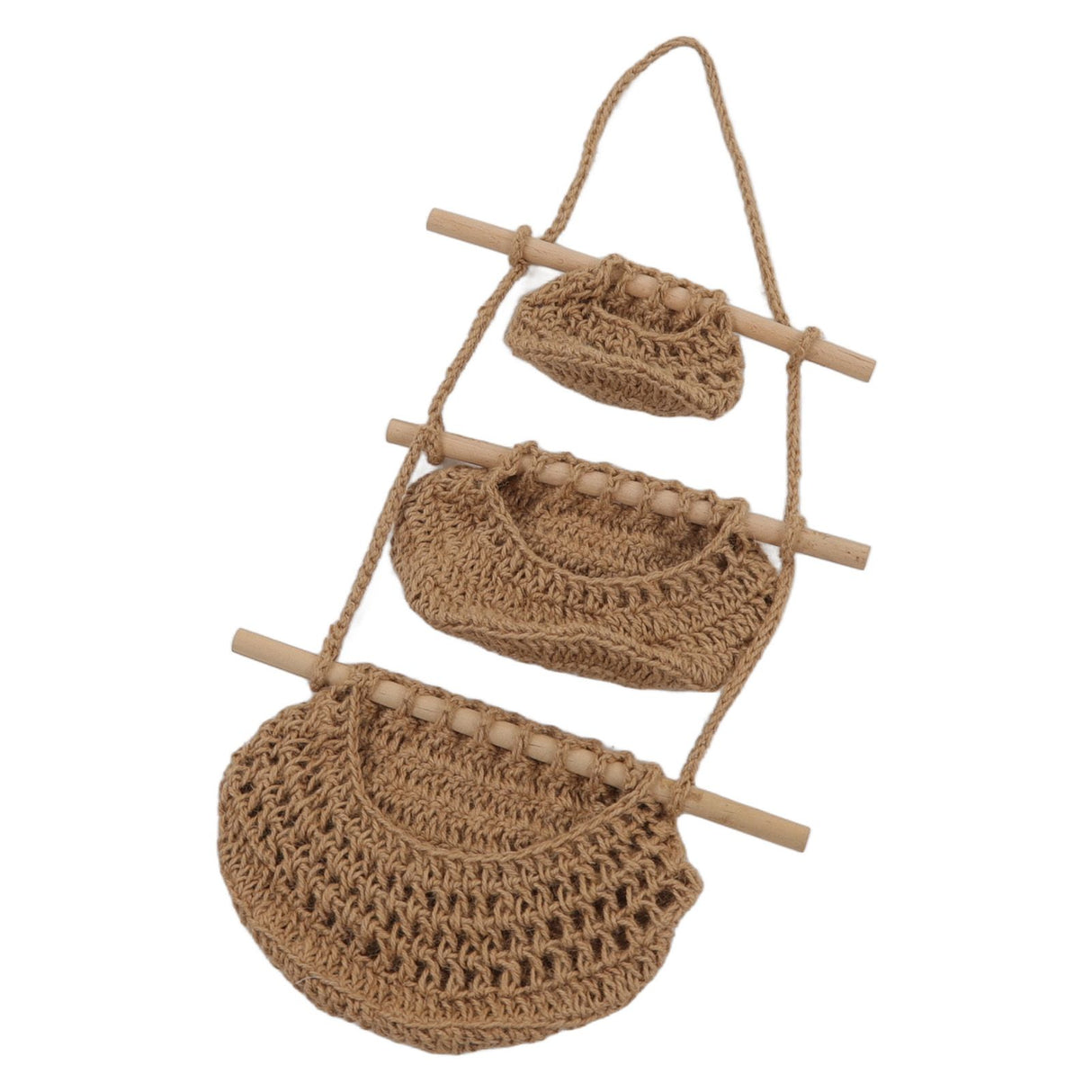 Hanging Fruit Basket 3 Tier Wall Mounted Handcraft Hemp Rope Wood 3 Tier Hanging Wall Basket for Toys Pet Plush Toys Dolls
