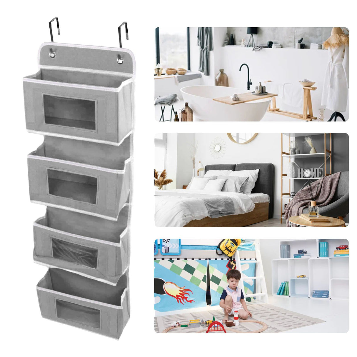Hanging Closet Organizer Multilayer Strong Load Bearing Capacity Nonwoven Over Door Organizer Hanging Organizer with 2 Hooks Grey 4 Compartments