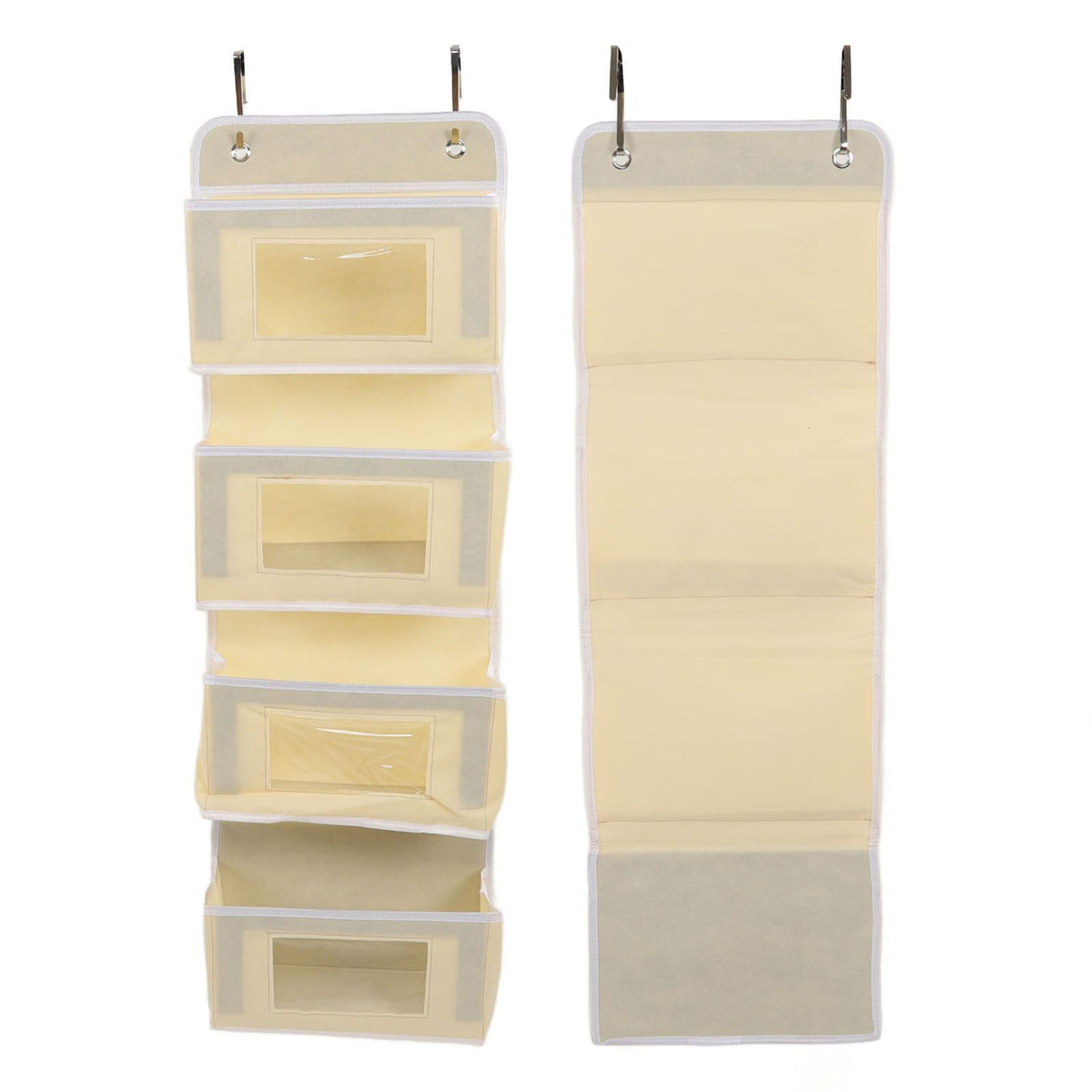 Hanging Closet Organizer Multilayer Strong Load Bearing Capacity Nonwoven Over Door Organizer Hanging Organizer with 2 Hooks Khaki 4 Compartments