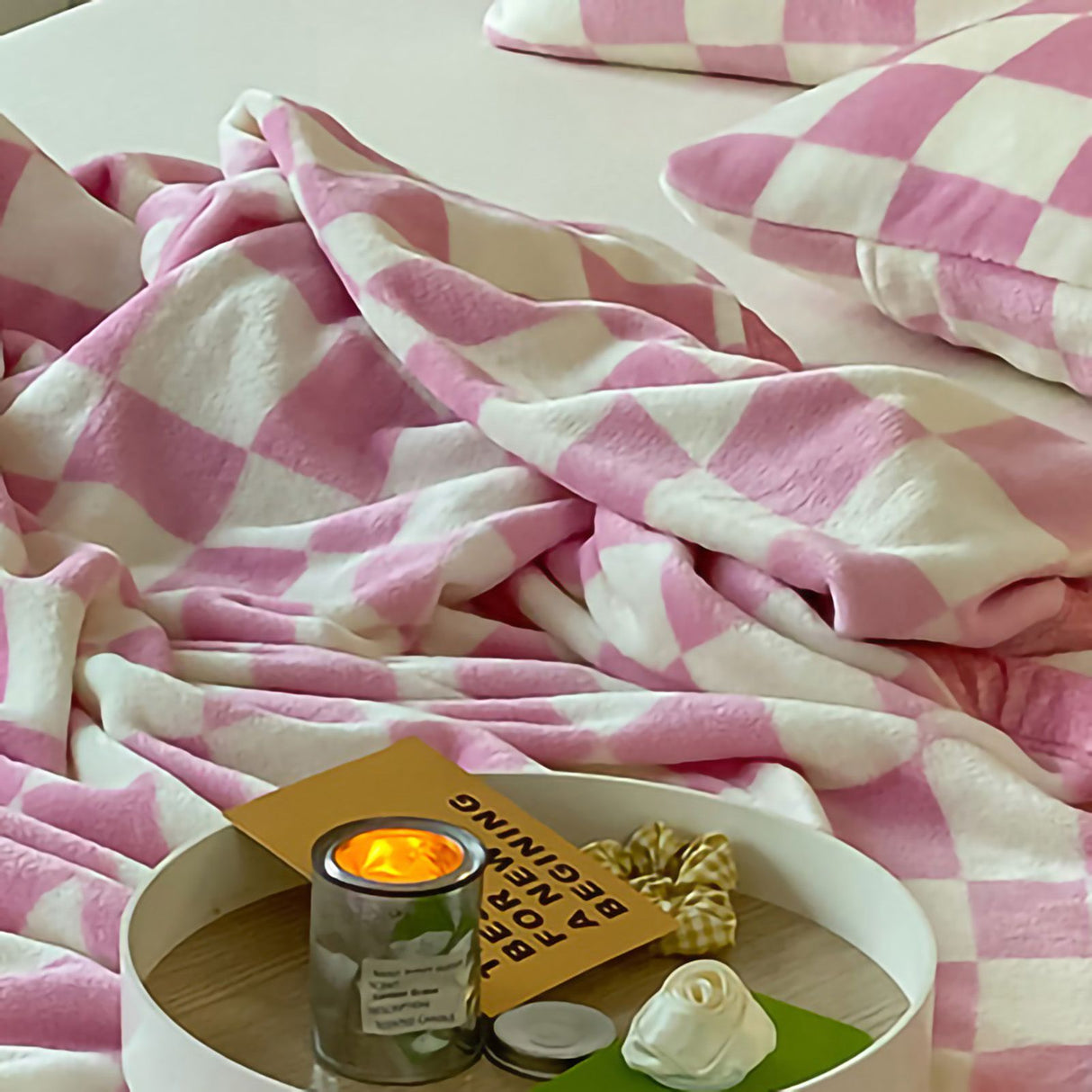 Simple Vintage Checkerboard Blanket Autumn Winter Warm Nap Throw Blanket Flannel Fleece Sofa Leisure Blanket Baby Pink 150x200cm