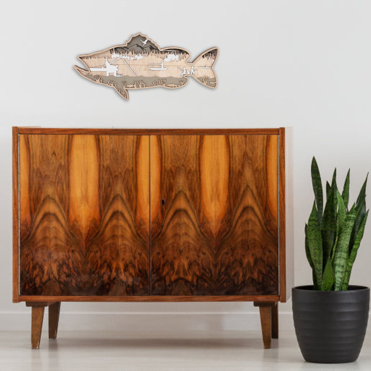 Wooden Hollowed Fish Figurine Multilayer Boxwood Decorative Wooden Hollowed Fish Striped for Home Office Canteen Salmon