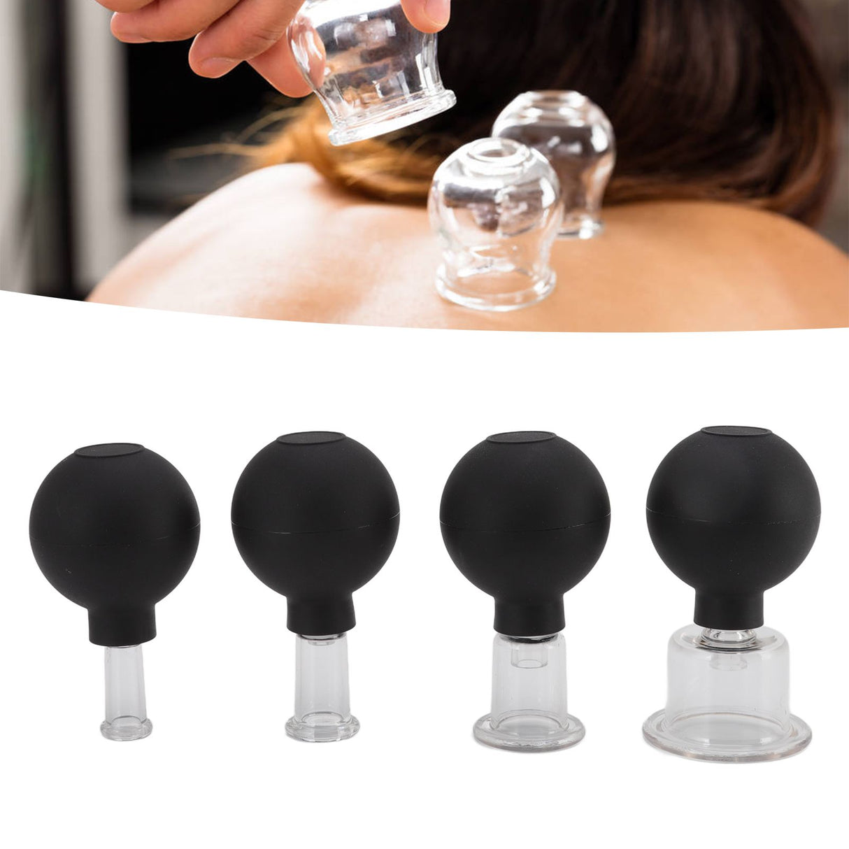 4Pcs Glass Cupping Set Black Silicone Ball Massage Vacuum Suction Cupping for Facial Skin