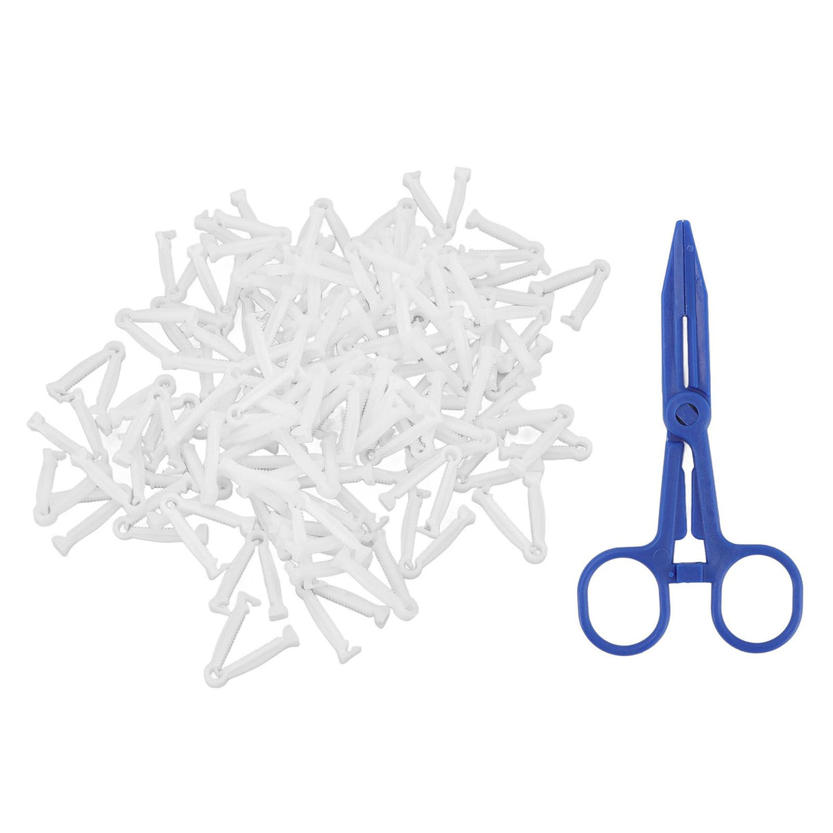100pcs Pig Umbilical Cord Clamps White Plastic Livestock Umbilical Cord Clips for Production with 1 Hemostatic Forcep