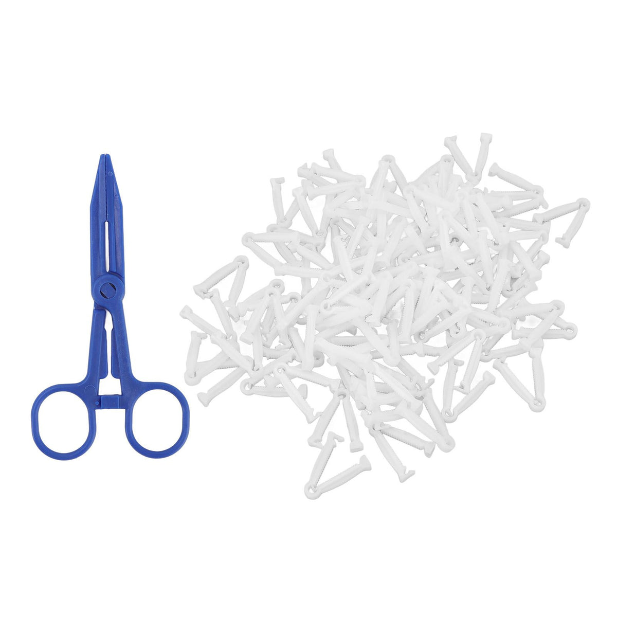 100pcs Pig Umbilical Cord Clamps White Plastic Livestock Umbilical Cord Clips for Production with 1 Hemostatic Forcep