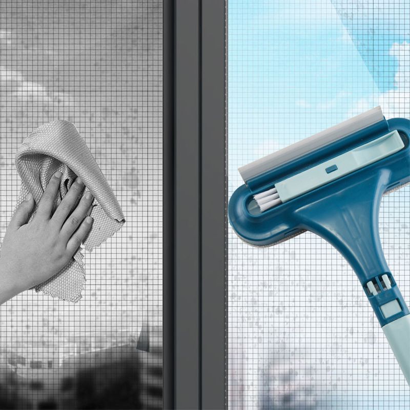 Double Sided Window Screen Wiper and Scrapper Multifunctional Window Squeegee Household Cleaning Tool with Handle Blue